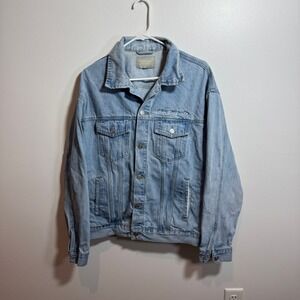 Elevated Faith Denim Jacket Mens L Light Wash Preowned Jesus Embroidered